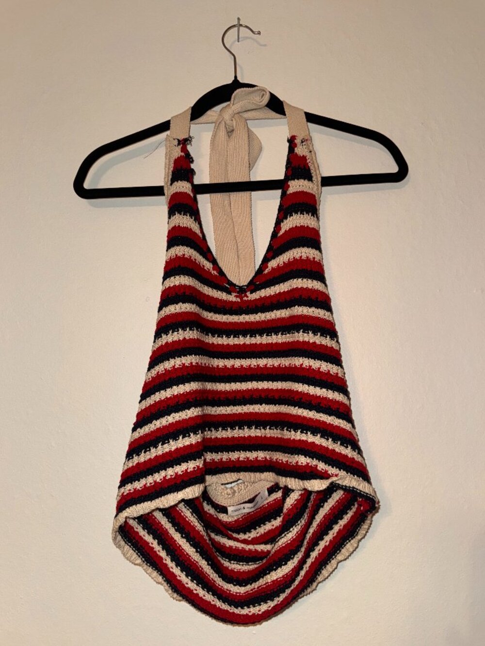 Moon & Madison Crochet Striped Halter Top Red Navy Cream Y2K